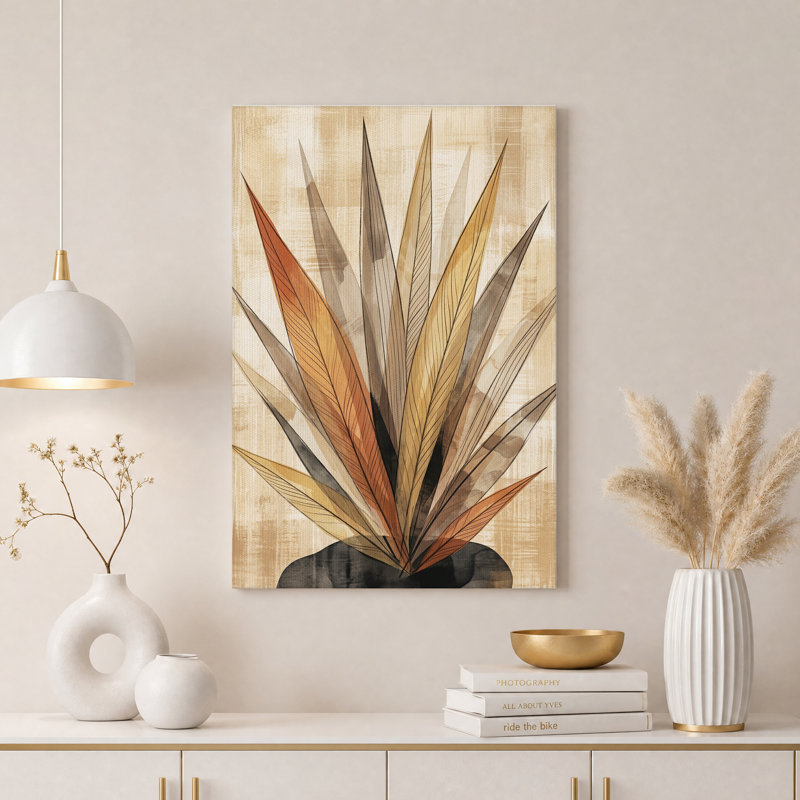 Tableau sur toile texturé avec motif de feuillage abstrait rouille et beige, H 18 po x l 12 po