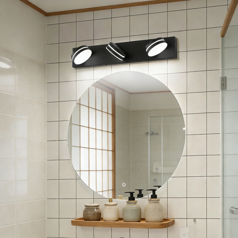 Luminaire de salle de bain moderne à DEL à intensité variable avec têtes rotatives à 360 °, finition noir mat, luminaire écoénergétique pour miroir et fixation murale