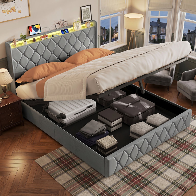 Lift Up Storage Bed Frame, European Kingsize (160 x 200 cm), Grey