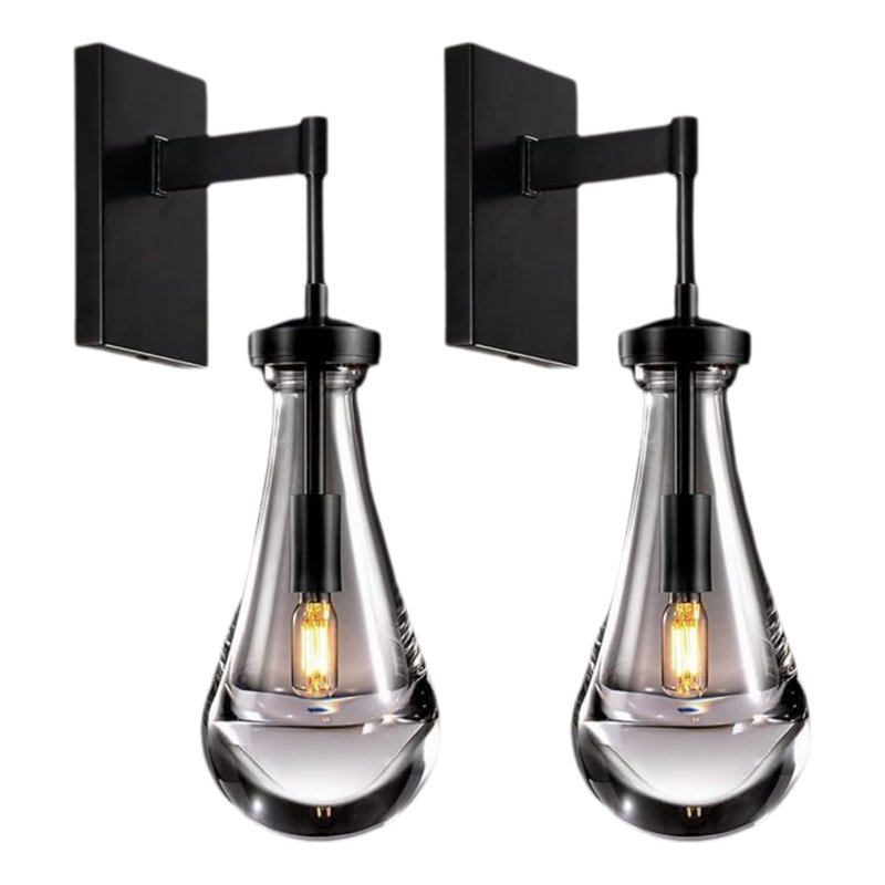 Two Black Modern Raindrop Glass Wall Lamps, Matte Black, 2 Lights