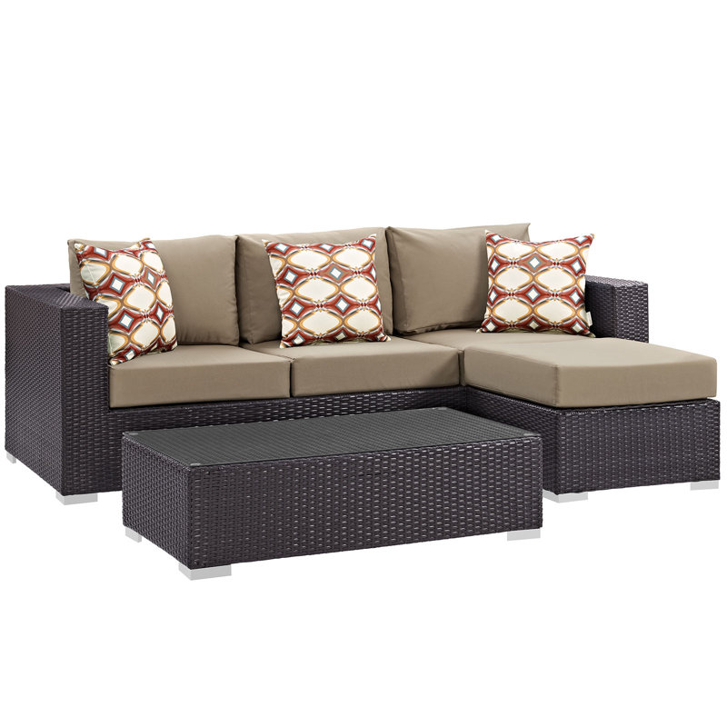Modway Convene 3 Piece Outdoor Patio Sofa Set, Mocha