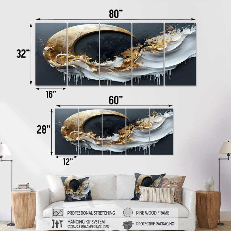 «Black and Gold Moon Lines II - Abstract Shapes», ensemble d'art sur toile, H 32 po x l 80 po