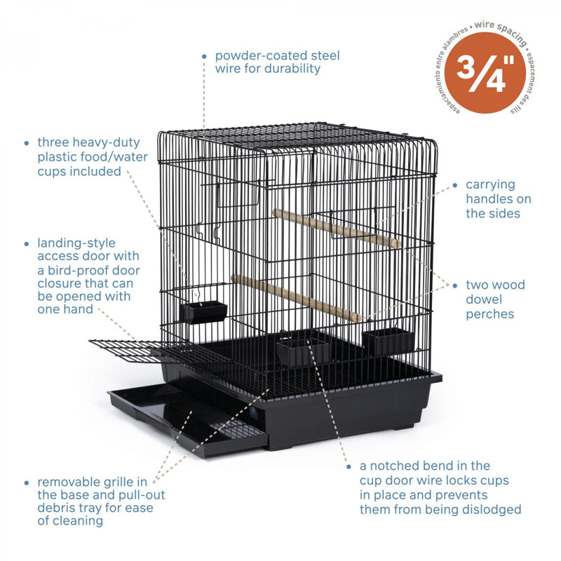 Black Square Roof Parrot Cage with Perches and Dishes