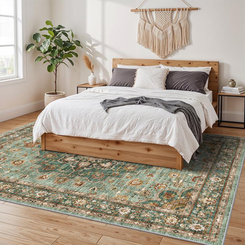 Washable Oriental Area Rug - Rugs for Living Room Soft Carpet for Bedroom Waterproof Floral Distressed Indoor Stain Resistant Non-Shedding Floor Carpets (Green)
