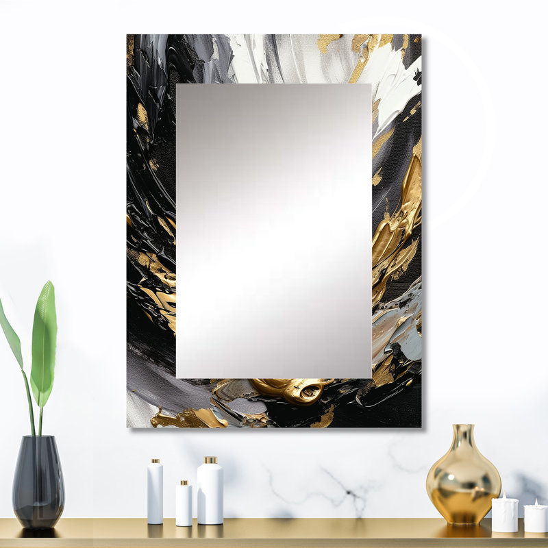 Golden Wave Reflections VIII - miroir abstrait, miroir mural décoratif noir, impression d'art en métal, 32 po x 24 po