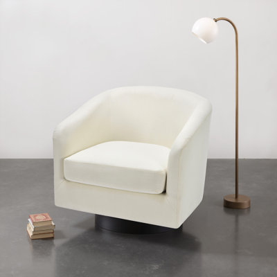 Applewold Upholstered Beige Cotton Blend Swivel Barrel Chair with Solid Wood Base