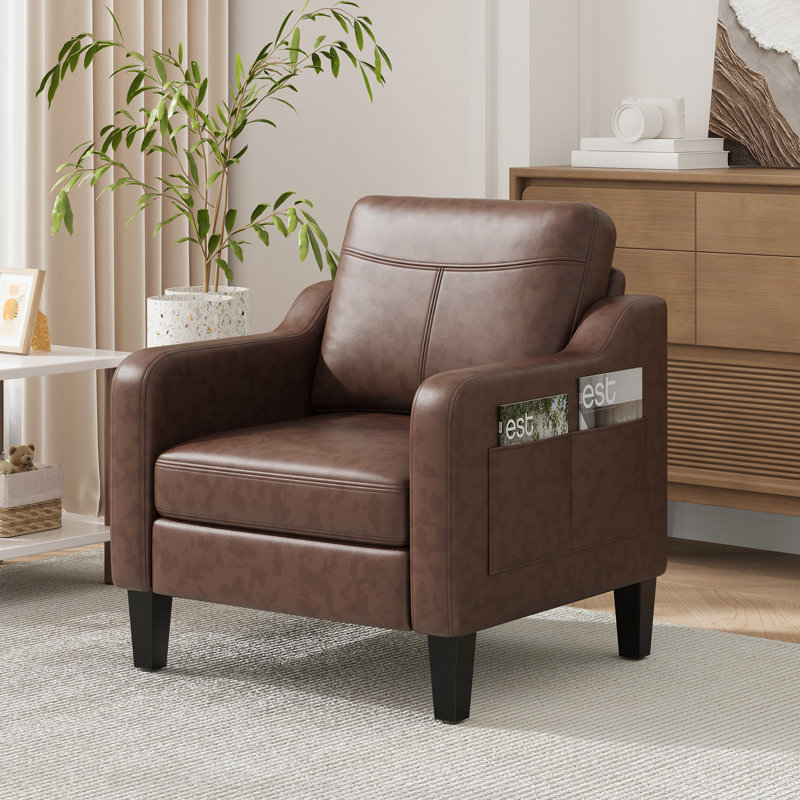 Wide Upholstered Accent Chair Faux Leather Armchair, Chocolate