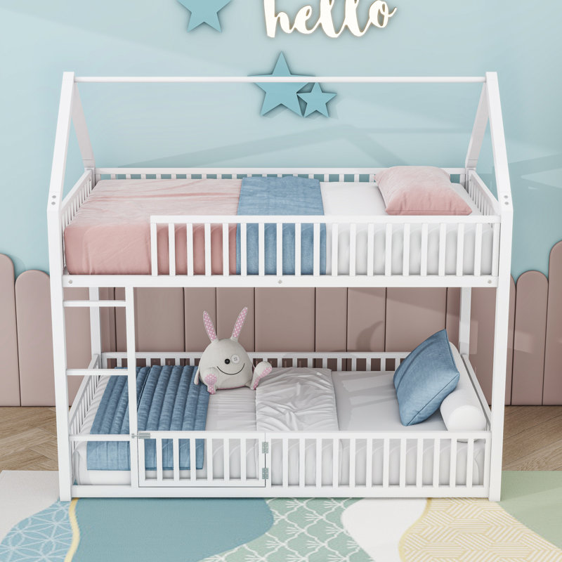 Metal Twin Over Twin House-Shaped Bunk Bed With Ladder And Door, White