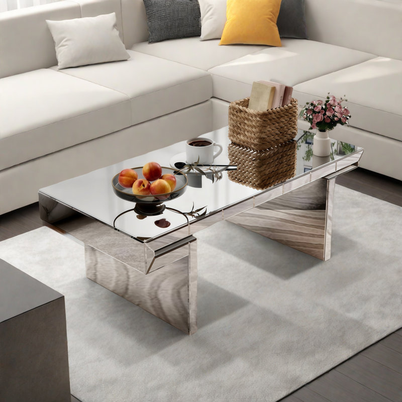 Luxury Rectangular Mirror Coffee Table With Fluted Tempered Glass And Rounded Edges