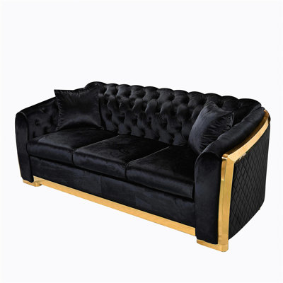 Velvet Luxury Chesterfield Sofa Set, 84 Inches Tufted 3 Seat Couch with Gold Stainless for Living Room, Black Fabric
