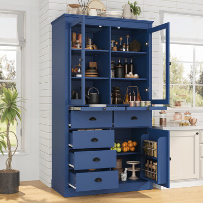 Garde-manger rétro de 72 po de hauteur avec portes en verre, armoire de rangement Widen, bar à café avec tiroirs et tablettes pour le salon et la salle à manger