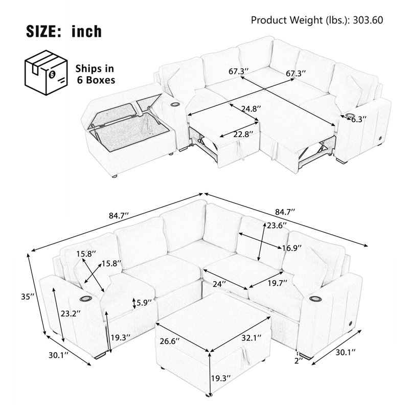 Canapé modulaire convertible 84,7 po avec repose-pieds, Gris chenille