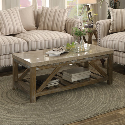 Table basse industrielle avec plateau et plateau en marbre, support en angle, meubles de salon en bois blanc crème | Idée de cadeau
