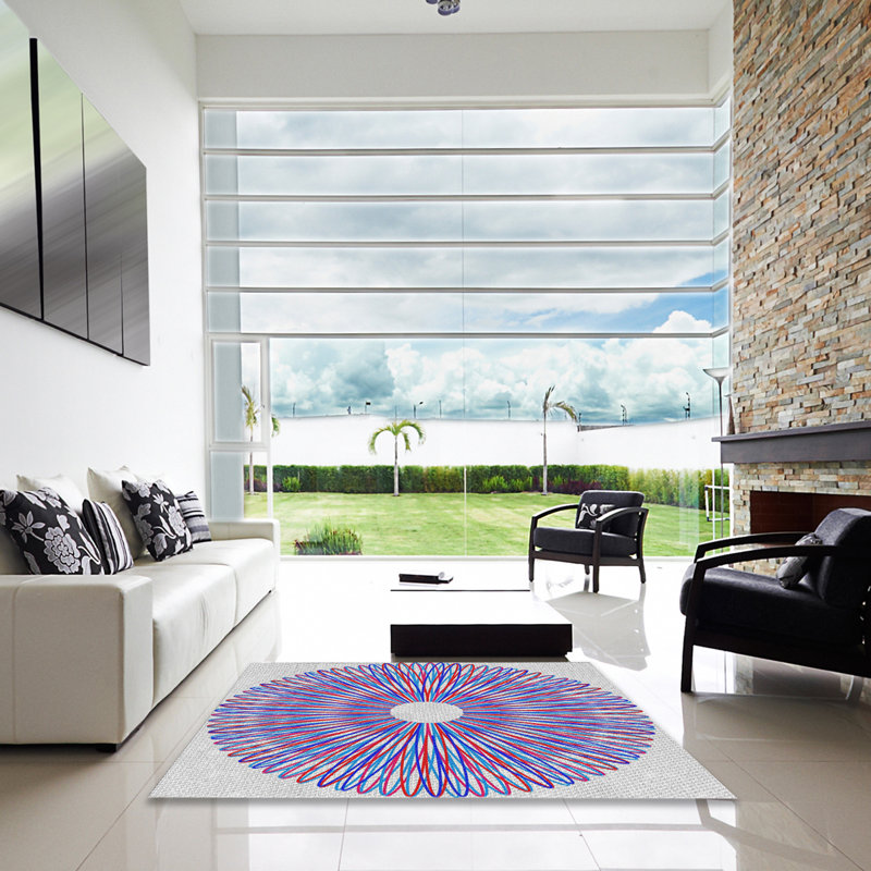 Tapis bleu/rouge à motifs, Carré 4 pi