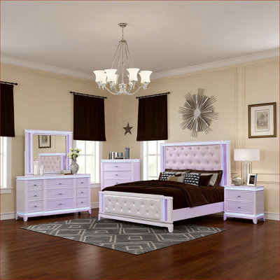Ensemble de mobilier de chambre à coucher, très grand lit 5 pièces, finition blanc cassé, lumières DEL, bois massif, pour chambre à coucher principale | Blanc | Bois