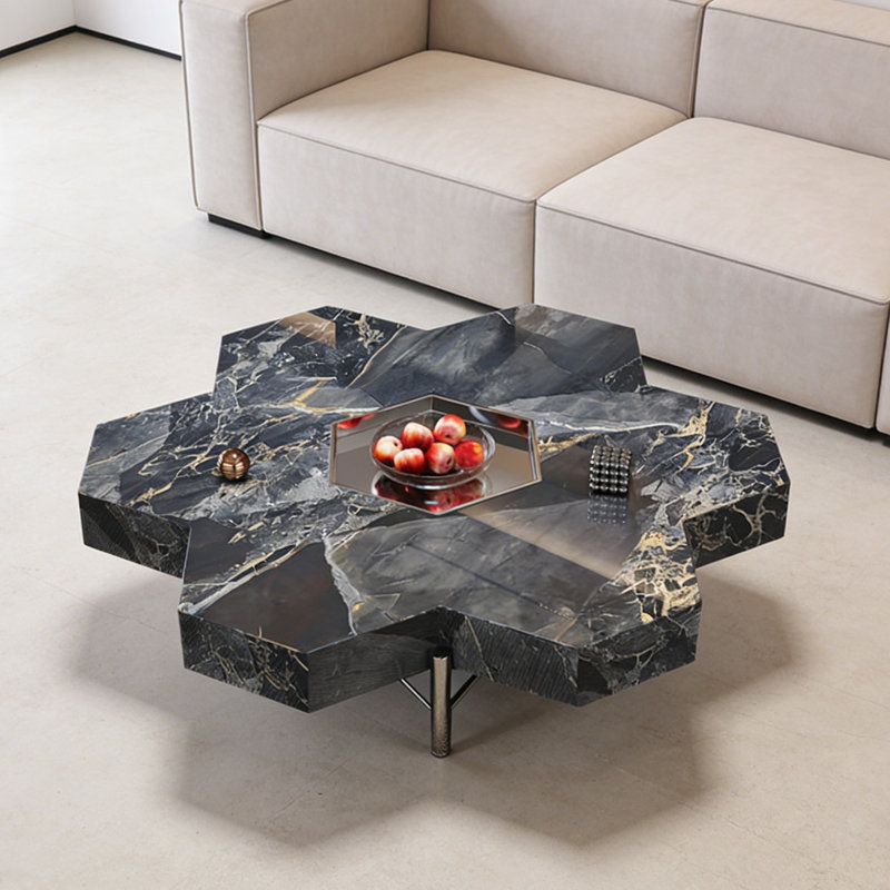 Table basse moderne en ardoise avec plateau en métal, H 13,77 po x L 47,24 po x l 47,24 po, Gris foncé