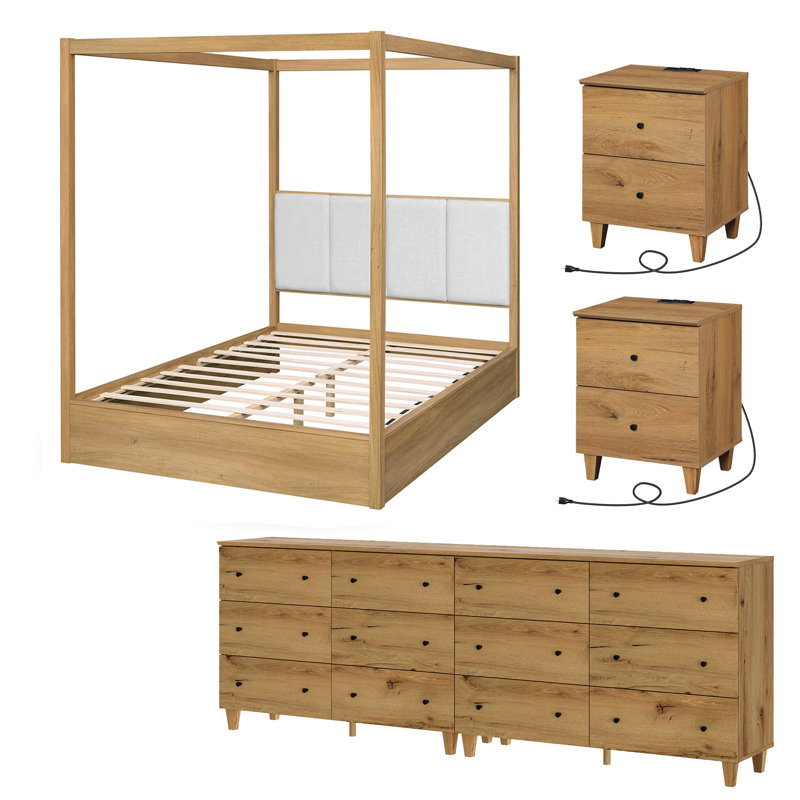 Lysiane Bedroom Furniture Set, Queen Size Solid Wood Canopy Bed, 12-Drawer Dresser And 2 Nightstands