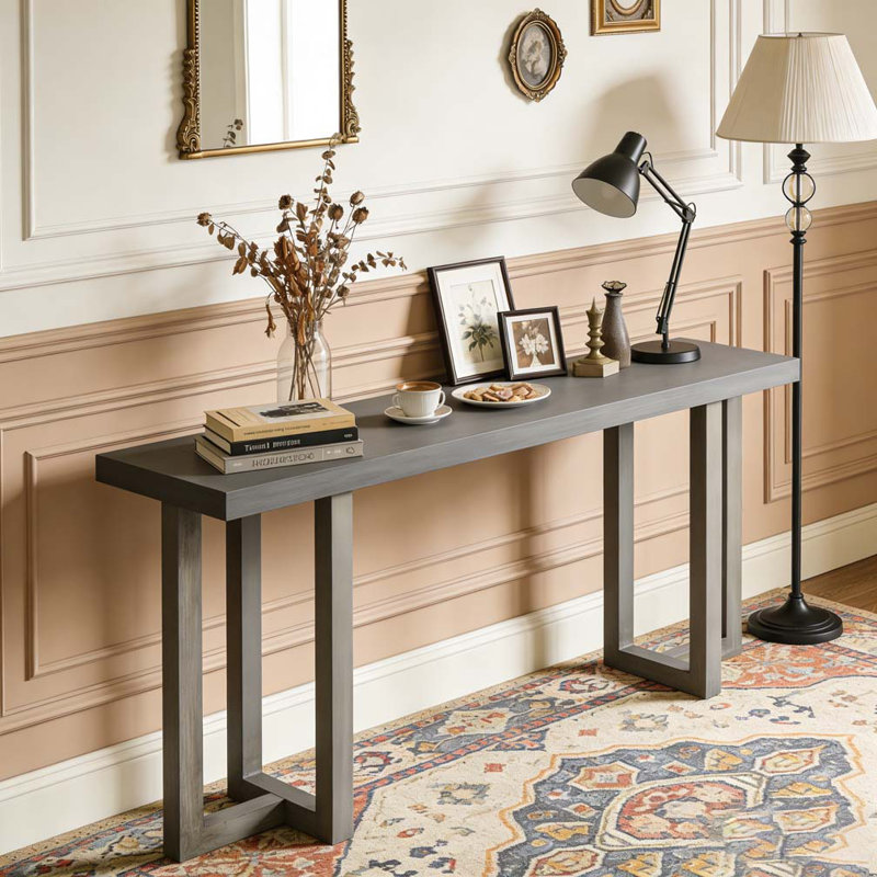 Geometric Design Console Table Solid Pine Legs Multi-space Applicable Table, Dark Gray,Light Gray