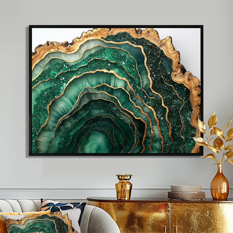 Émeraude et rivière de cristal sur glissoire en bois IV - cristaux, art mural, H 34 po x l 44 po, Noir