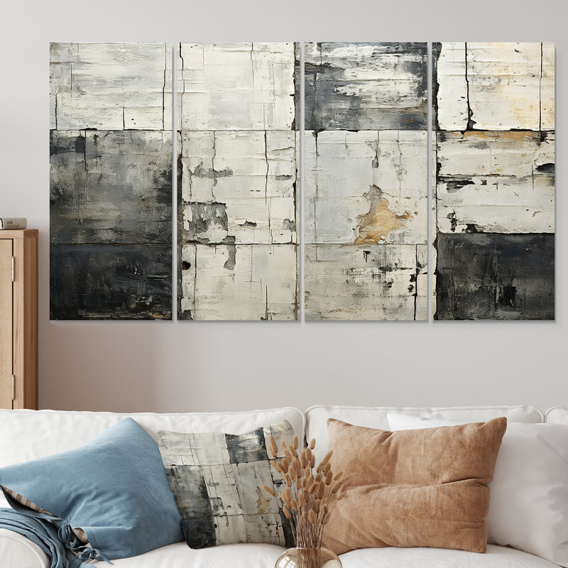 Carreaux abstraits gris et gris II - art mural mosaïque 4 pièces, H 32 po x l 64 po