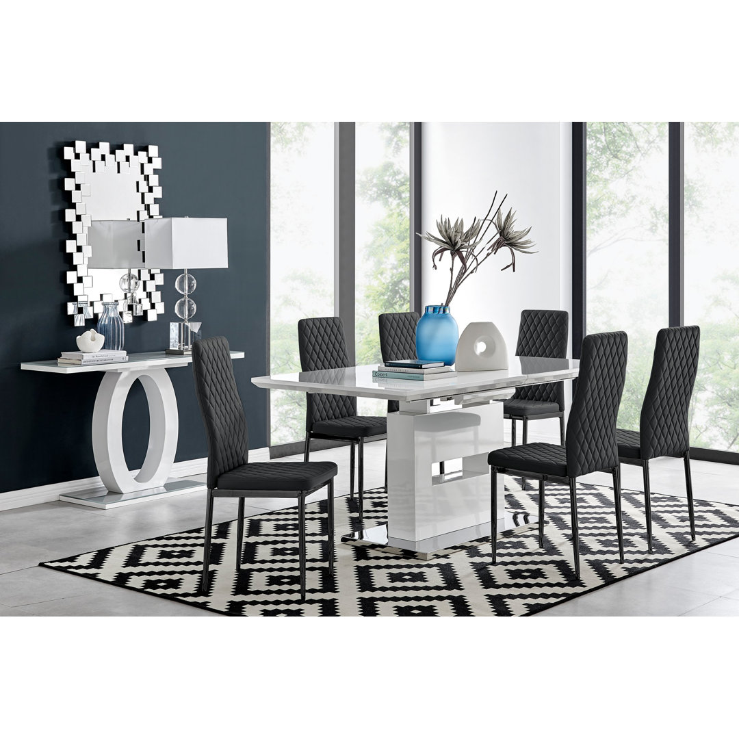 Alezzo Modern High Gloss Extendable Dining Table Set with 6 Quilted Faux Leather Dining Chairs