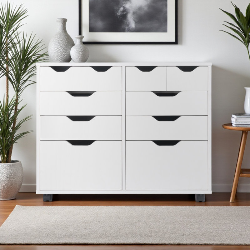Sutton Bins & Drawers Multi-Storage Wide Mobile Cabinet in White, 26.12" H X 32.12" W X 15.87" D, White