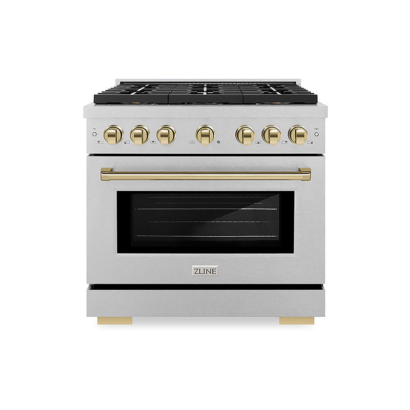 ZLINE Autograph Edition 36 in. 5.2 cu. ft. Paramount Dual Fuel Range W/ 6 Burner DuoPro Cooktop and Electric Convection Oven in Satin Stainless Steel and Polished Gold Accents