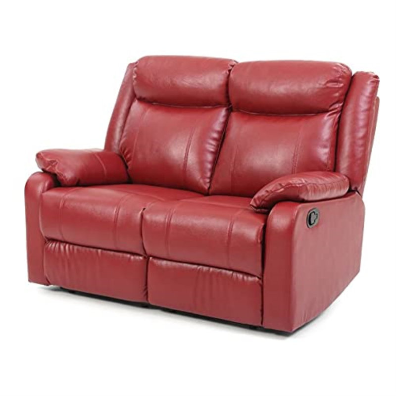 Mouzon Faux Leather Pillow Top Arm Reclining Loveseat, Red Faux Leather, 40"H x 55"W x 37"D