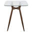 Table de comptoir carrée de style moderne du milieu du siècle avec pieds en métal noyer et plateau en verre transparent