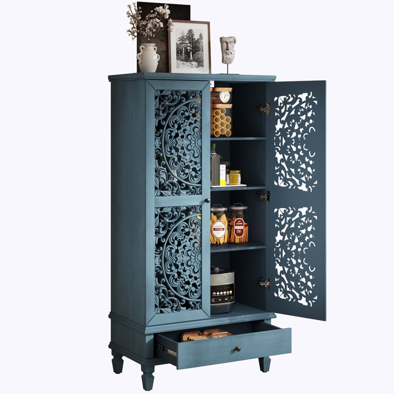 Rustic Tall Storage Cabinet With Drawer And Carved Wood Doors, Solid Wood Legs For Multi-Room Organization And Timeless Style.