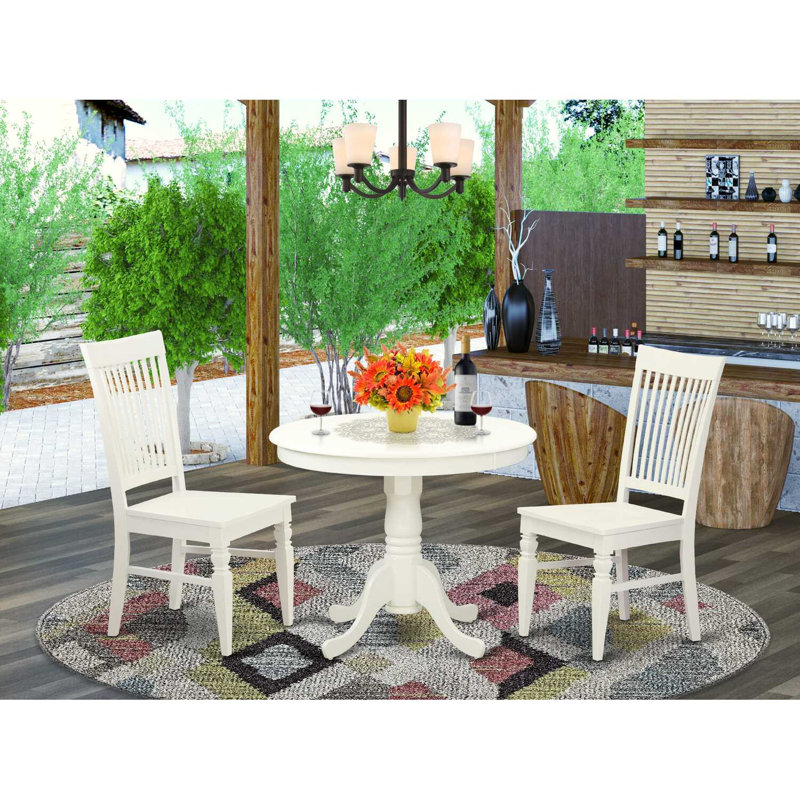 Ensemble de table de cuisine 3 pièces pour petits espaces comprenant une table de salle à manger ronde avec piédestal et 2 chaises de salle à manger, 36 x 36 pouces, lin blanc