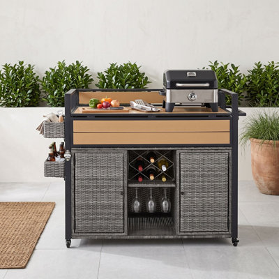 Outdoor Rolling Kitchen Island with Extended Table Top, Cabinet and Shelves
