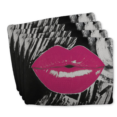Pink Glossy Lips Braided Polyester Placemats Set of 4 Decor