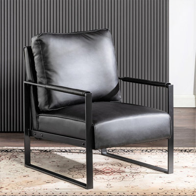 Mid Century Modern Accent Chair With Durable Square Metal Frame, Bedroom, Black -Leather In PU, Armchair For Living Room, Home Office In Spotted Microfiber Upholstery