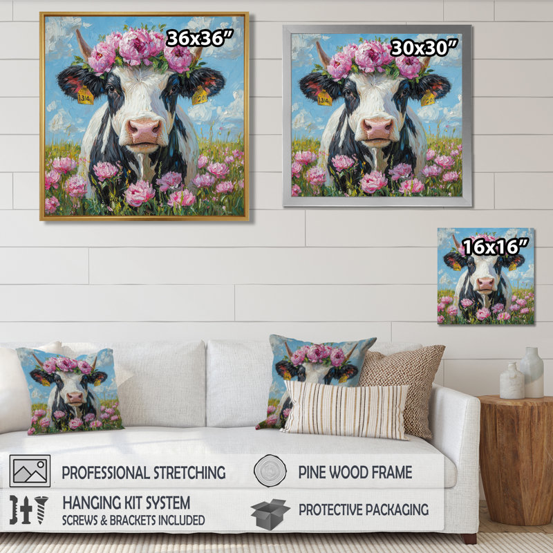 Vache, peinture avec pivoines III - Vache grande, art mural, H 30 po x l 30 po, Reproduction encadrée d'une seule photo, Doré