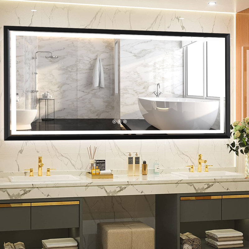 Novel Rectangular Modern LED Light Anti-Fog Bathroom Glass Hanging Mirror, Matte Black, 36" x 72"