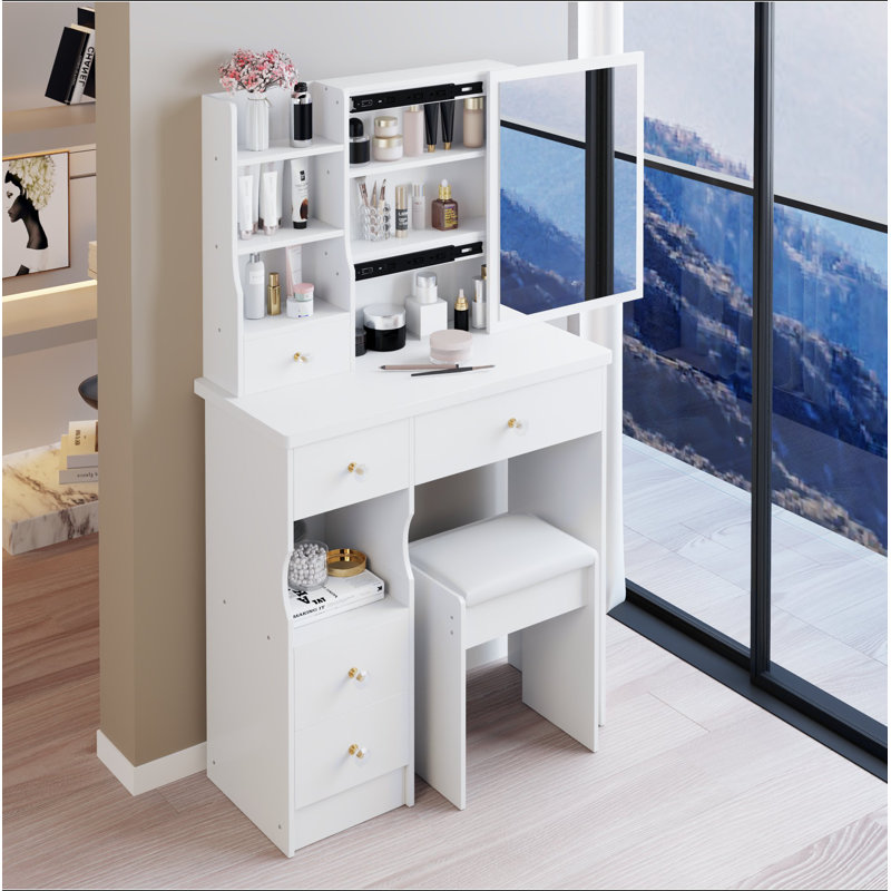 29.2" Small Size Left Drawer Desktop Vanity Table + Cushioned Stool, Extra Large Right Sliding Mirror, Multi Layer High Capacity Storage, Practical Fashionable Dresser, Suitable For Small Space
