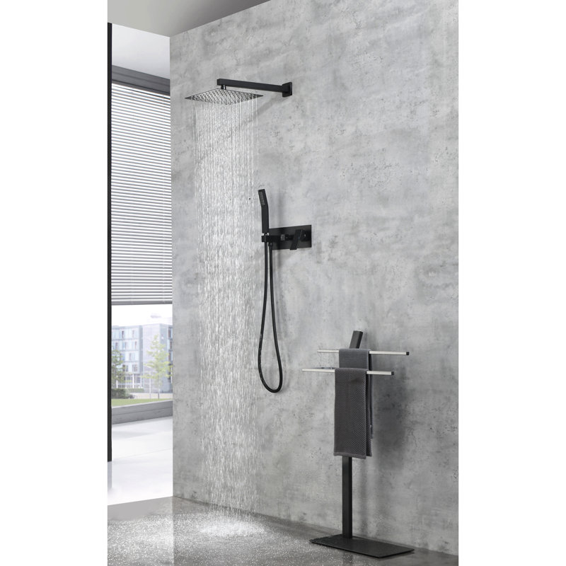10 Inch Rainfall Shower Kit - Matte Black Brass Bathroom Faucet With Handheld , Luxury Rain Mixer, Wall Mounted, Rough-In Valve And Self-Cleaning Nozzle Included Head , Included,