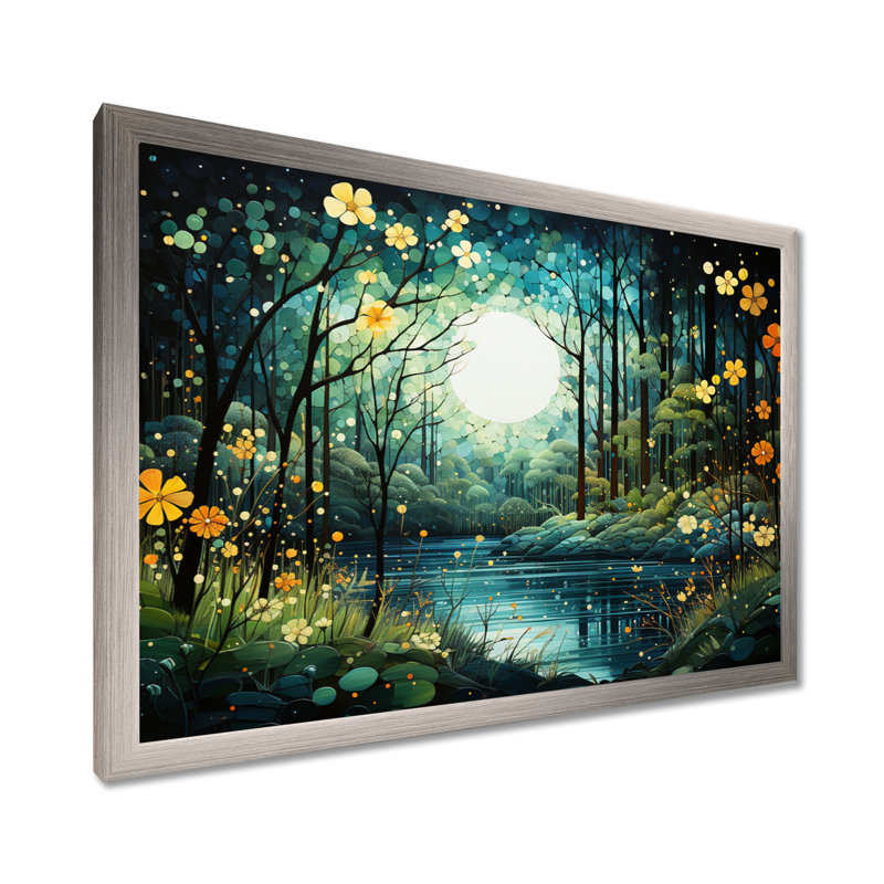 Forêt enchantée de Beres, pointillisme I - forêt, art mural, H 24 po x l 32 po x P 1 po, Cadre simple argenté