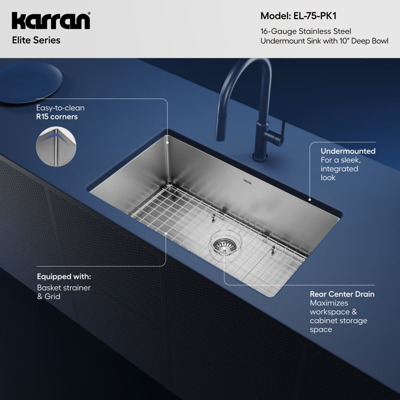 Karran Stainless Steel 30'' X 18'' Single Bowl Undermount Kitchen Sink Kit