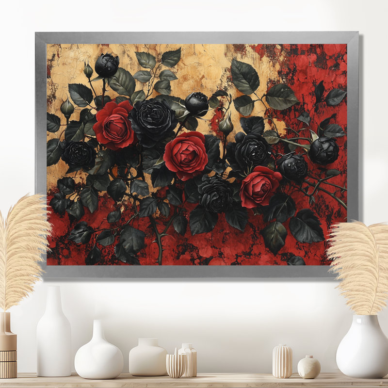 Art mural de roses de minuit de MOVita - roses, art mural, H 24 po x l 32 po, Picture Framed, Argent argent