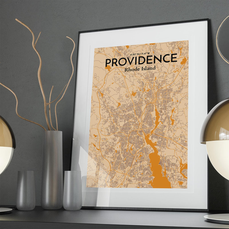 Providence, carte de la ville, impression, Orange / or pâle, H 36 po x l 24 po