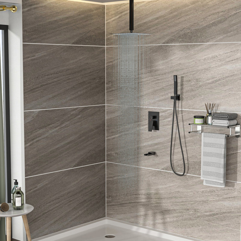 Ensemble de douche huilé en bronze huilé - Douche de baignoire à fixation au plafond de 12 po à 3 fonctions de pluie et douches à main - Valve équilibrée Installation facile Système de gage de propreté avec hygiène simple de 12 pouces