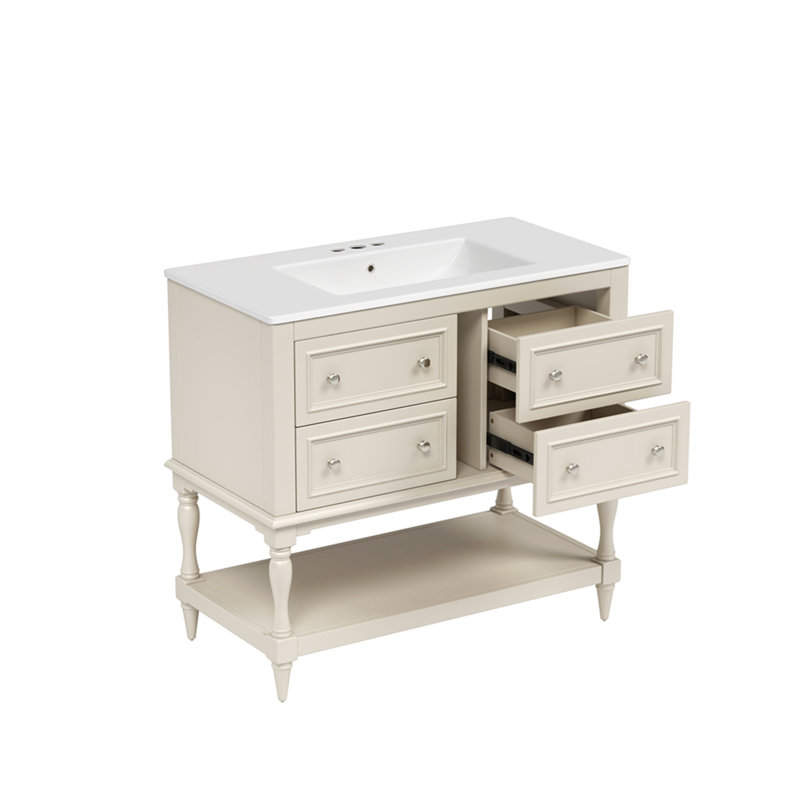 Ensemble de meuble-lavabo 36 po avec lavabo 36 po, lavabo en céramique encastré, ensemble de meuble-lavabo autoportant avec 4 tiroirs, armoire de salle de bain avec cadre en bois massif, beige