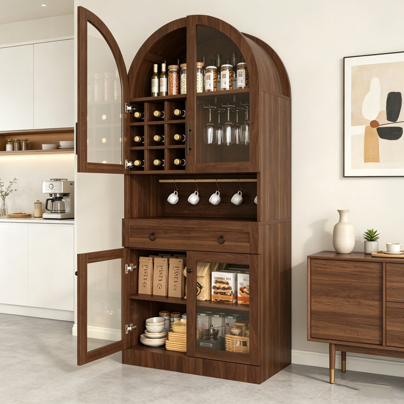 Armoire bar 70 po de hauteur, armoire à vin de style Mid-Century avec portes en verre trempé, porte-bouteilles, tiroir et crochets