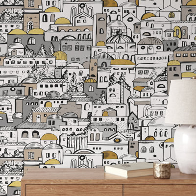 Mediterranean Cityscape Wallpaper Grey White