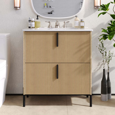 Meuble-lavabo de 30 po avec lavabo en céramique et tiroirs pleine extension, glissières de tiroir à fermeture en douceur, conception cannelée