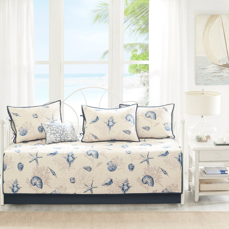 Literie 6 lits, imprimé réversible bleu, matelas simple ajusté, housse de 17 po, 15 po, 3 taies décoratives, 1 coussin décoratif, décor de chambre à coucher de style bord de mer, 6 pièces en microfibre lavable à la machine