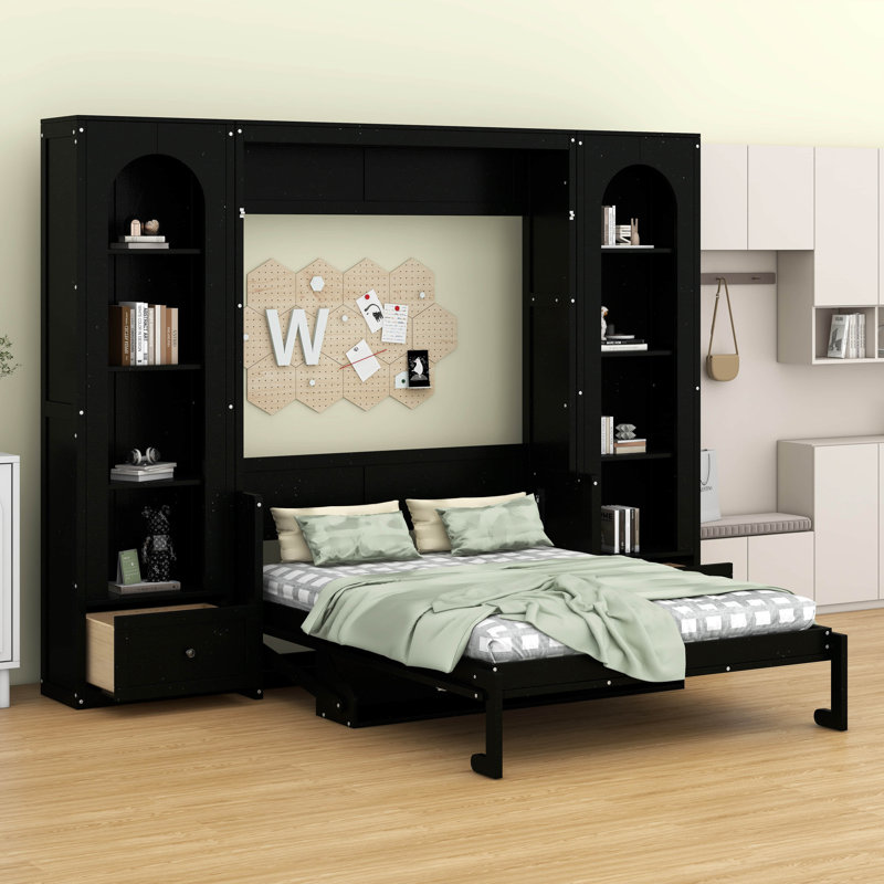 Grand lit plateforme escamotable avec tablette, armoires latérales, tiroirs de rangement et éclairage DEL, Noir