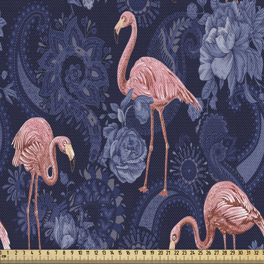 Jacobean Fabric By The Yard, Contemporary And Exotic Setting Floral Jungle Pattern With Flamingos, Decorative Fabric For Upholstery And Home Accents,Indigo Pink East Urban Home 